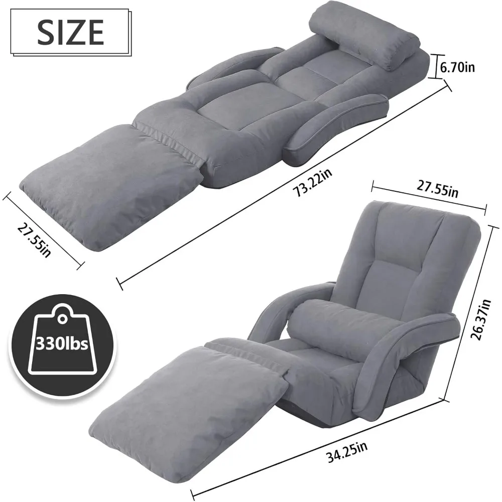 Foldable Lazy Sofa Bed 14-Position Adjustable Comfy Floor Chair Chaise Lounge with Armrests and Pillow, Chaise Lounge