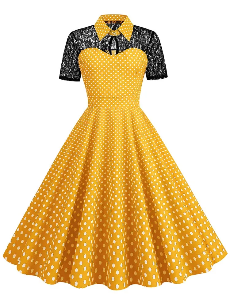 Polka Dot Lace Vintage Women Summer Dress Turn-Down Collar Short Sleeve Elegant Party Dresses