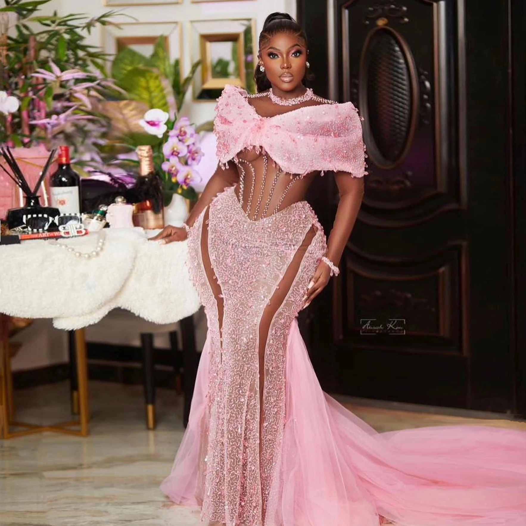 Elegant African Pink Lace Prom Dresses with Tulle Train Handmade Beaded Mermaid Aso Ebi Style Evening Dress Plus Size Party Gown