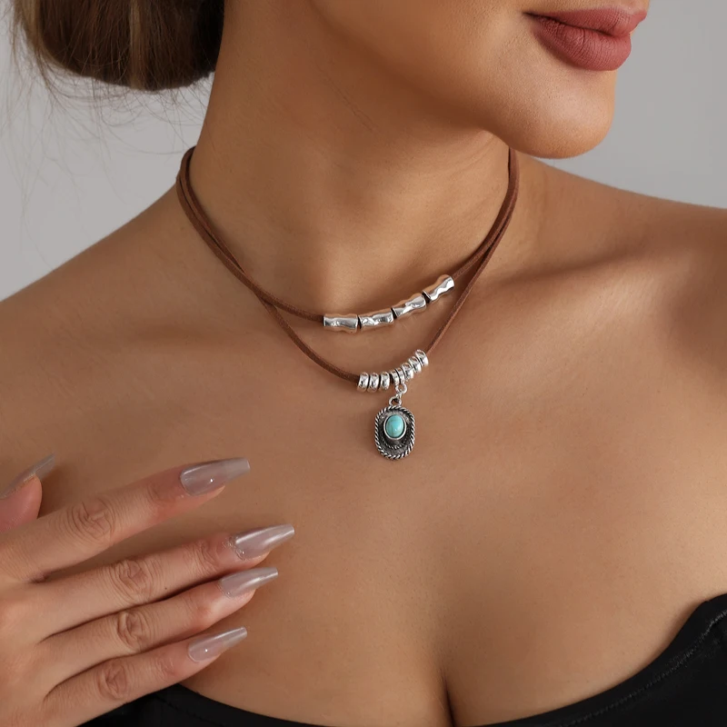 Boho Layered Brown Cord Choker Necklace for Women Turquoise Pendant Vintage Western Style Jewelry for Daily Party Wear
