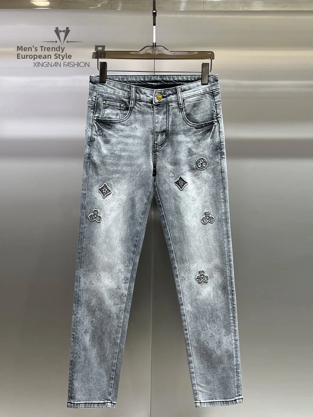 

Light Grey Men's Jeans Fashionable Embroidered Print Slim Fit Korean Style Small Footed Pants Trendy mid Waist Cotton Denim