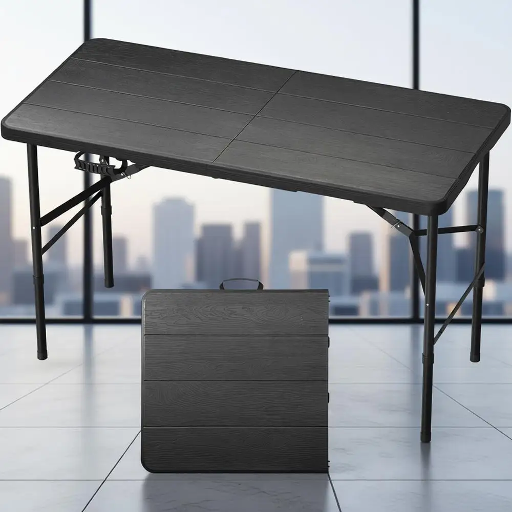 طاولة قابلة للطي بارتفاع قابل للتعديل 4 أقدام، شديدة التحمل 400 رطل، محمولة للاستخدام الداخلي والخارجي، سطح خشبي محبب #1