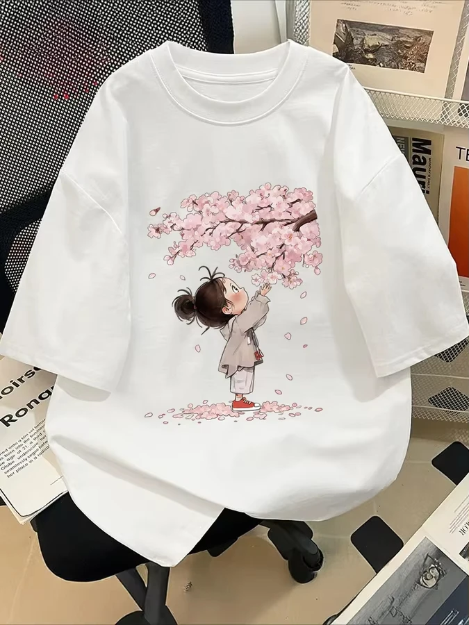 Cherry Blossom T Shirt Women Cute  Girl Graphic Tees Japanese Sakura Flower Print Drop Shoulder Oversized Top