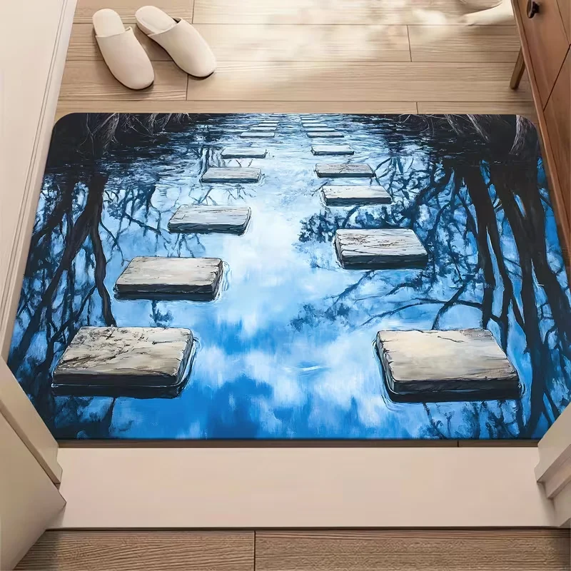 2D Visual Zen Garden Stream Stone Path Doormat Koi Fish Pond Plants Print Non-Slip Soft Entrance Rug for Indoor Outdoor Decor