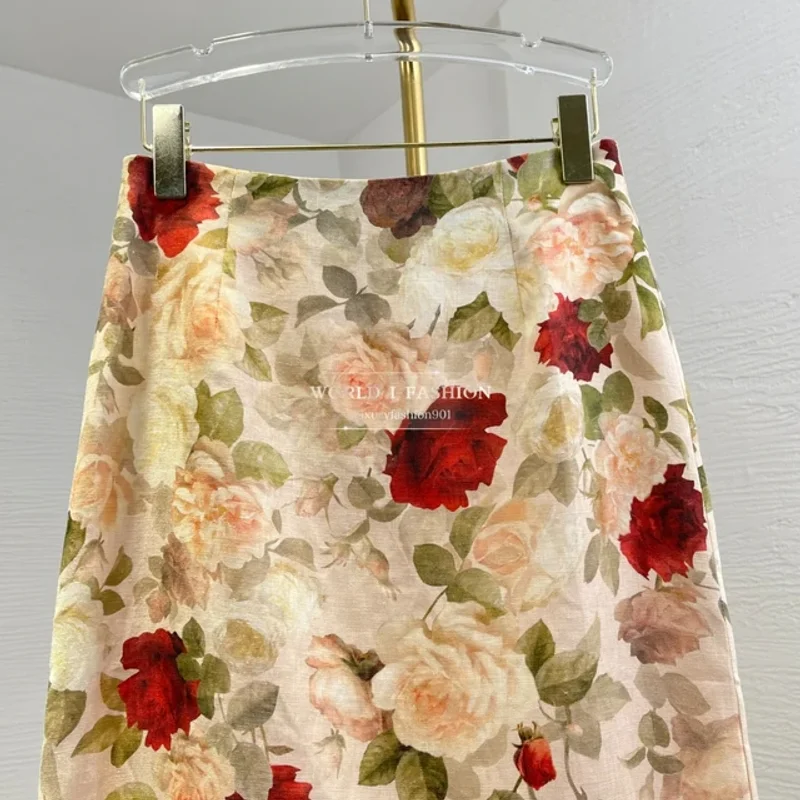 

2025 New High Quality Floral Print Lace Patchwork Vintage Full Sleeve Blouse and Ramie Midi Skirt Women Set