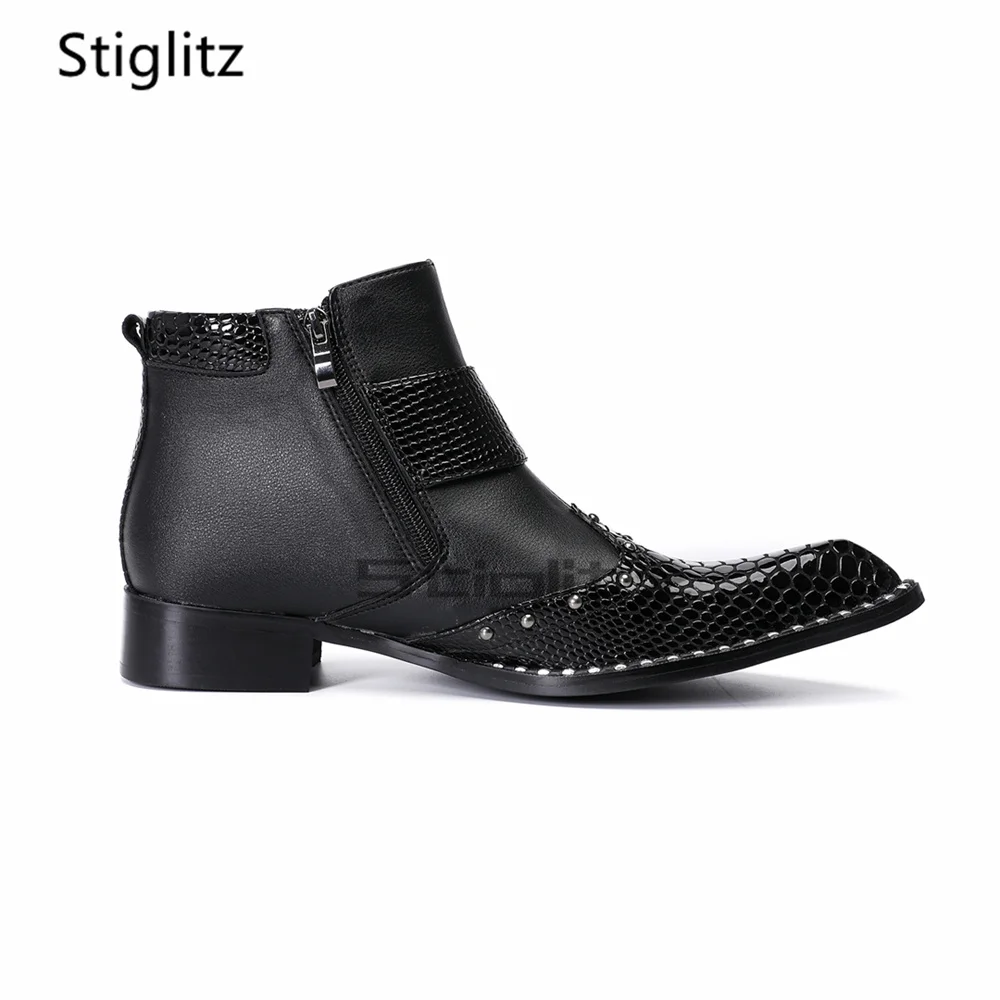 Black Snake Print Patchwork Chelsea Boots for Men Low Heel Double Buckle Rivets Genuine Leather Side Zip Dress Business Shoes