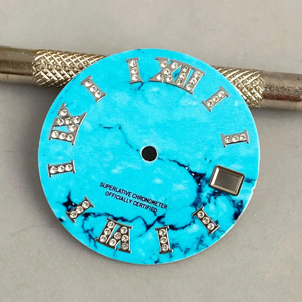 28.5mm Sky Blue NH35 Watch Dial Silver Hands Set Roman Numerals Diamond Marks Date Window Watch Parts fit NH35 Automatic Movt