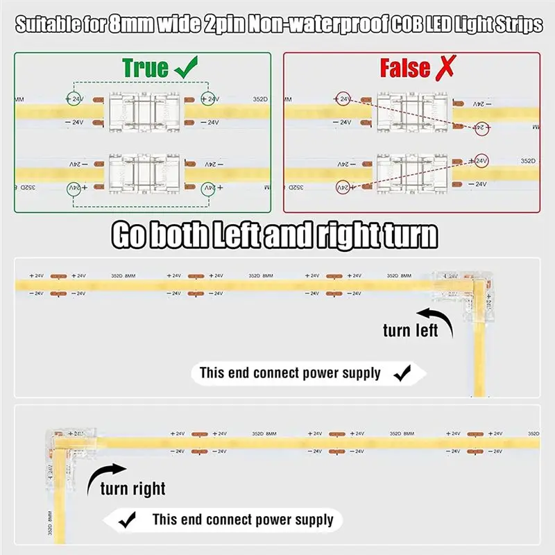 AB33-10PCS 2 Pin 8Mm Cob LED Connector Kit Parts Accessories For 8Mm Cob LED Strip Lights