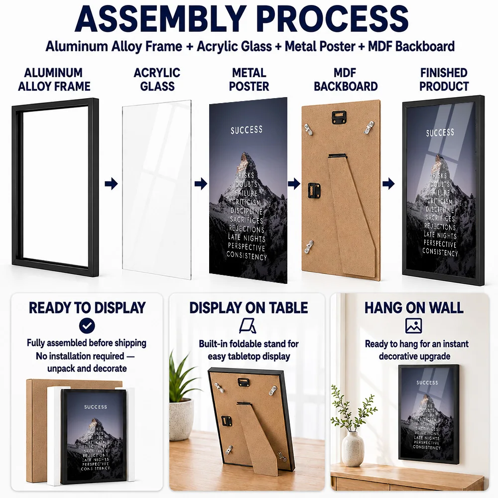 Success Mountain Metal Poster With Aluminum Alloy Frame Personalized Bold Typography Wall Art Ideal For Office Or Leader Gift