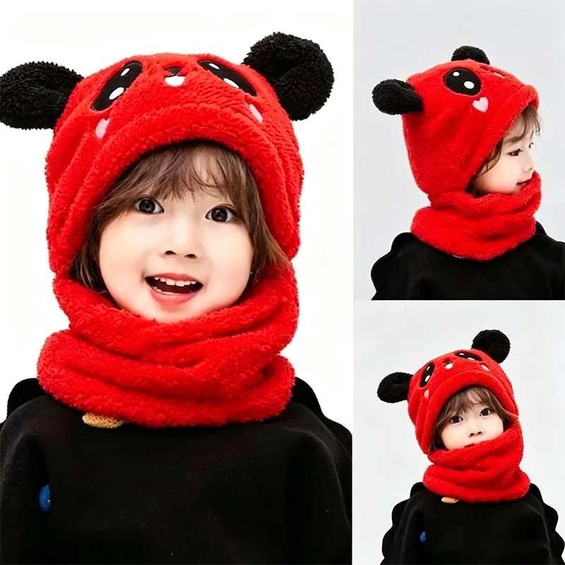 2-in-1 Kids Panda Balaclava Hood Hat Scarf Set Soft Thickened Winter Windproof Neck Warmer Cute Cartoon Plush For Children