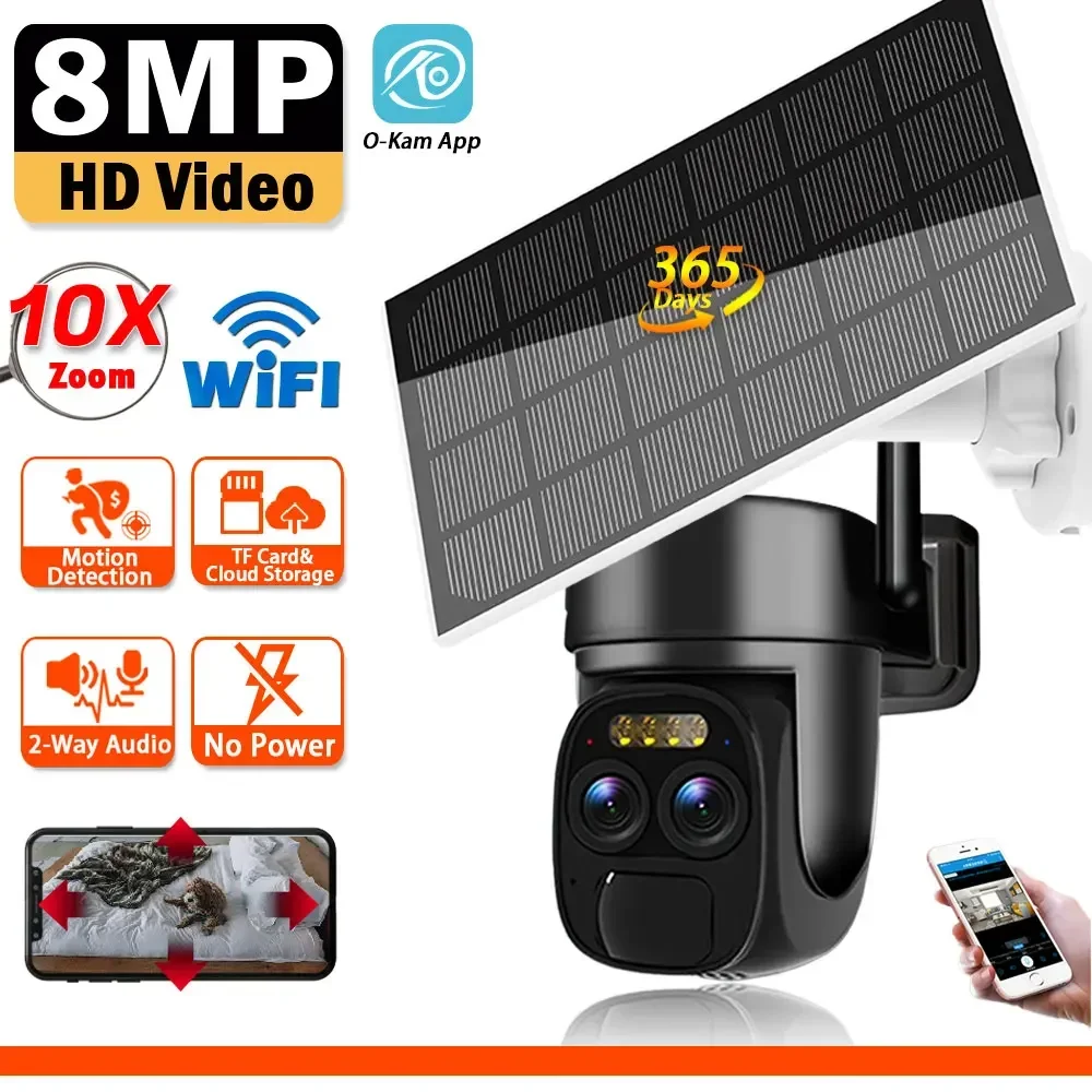 10X Zoom Solar WIFI Camera Dual Lens 4K 8MP HD Video Surveillance IP Camera Outdoor Wireless Smart Battery Cameras AI Tracking