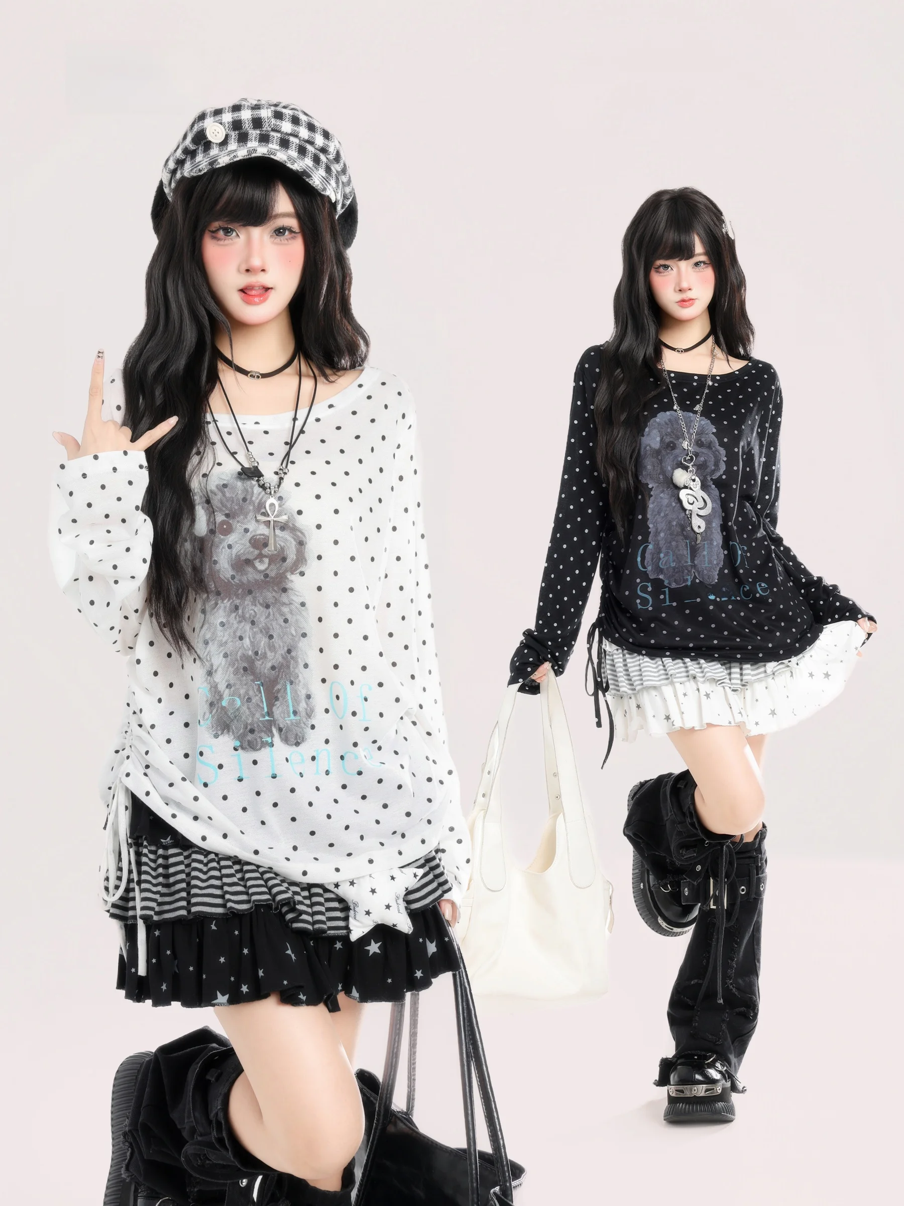 

Korean Style Long Sleeve T-Shirt Women's Spring New Lazy Loose Cover up Top Cute Little Dog Polka Dot One Shoulder Design