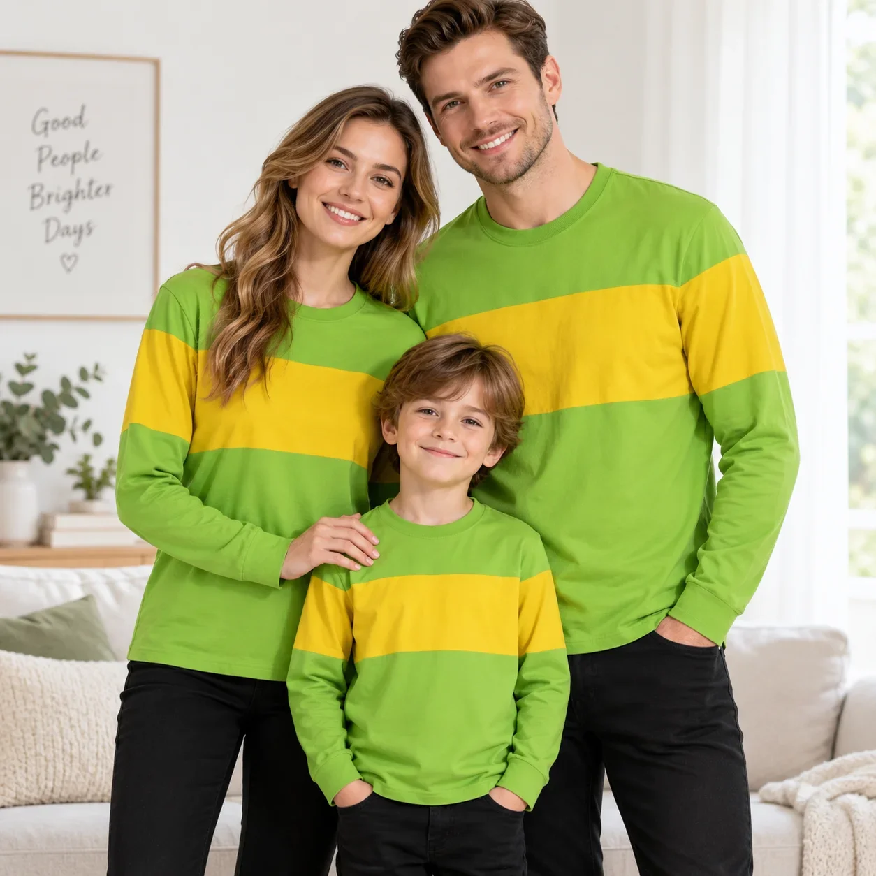 2026 Unisex Y2K Green Yellow Color‑Block Striped Crewneck Long Sleeve T‑Shirt Loose Casual Couple Family Matching Daily Tops