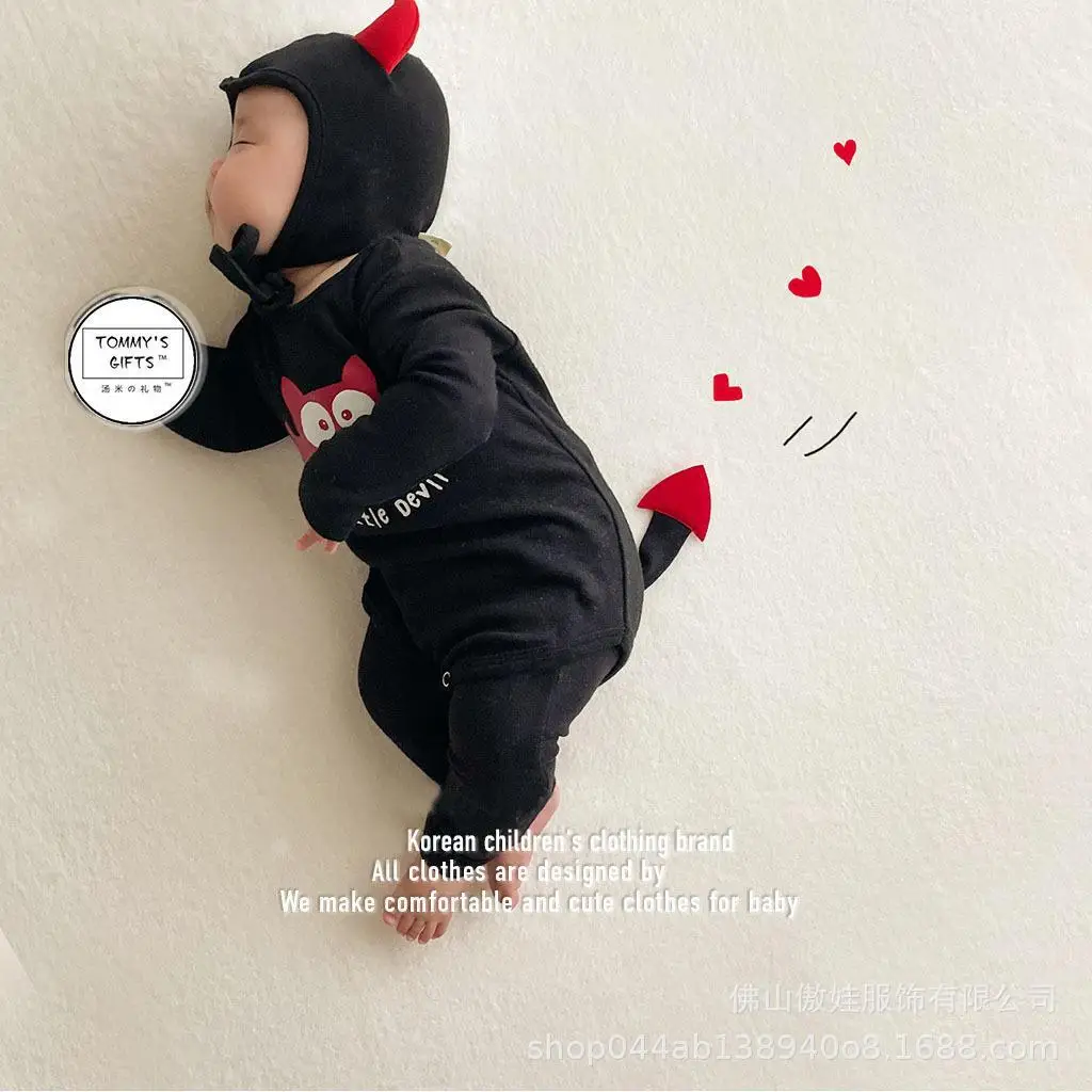 2023 Autumn Korean Ins Baby Boy Rompers Cotton Long Sleeve Little Devil Print Halloween Newborn Boys Bodysuit Infant Boy Outfits