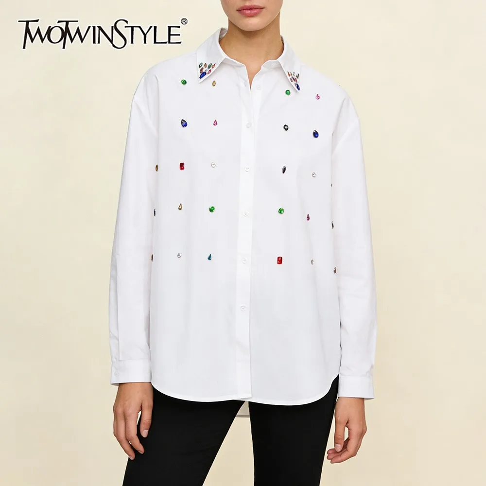 

TWOTWINSTYLE Solid Spliced Diamonds Shirt Female Lapel Long Sleeve Loose Commute Streetwear Women's Shirts Fashion Autumn New