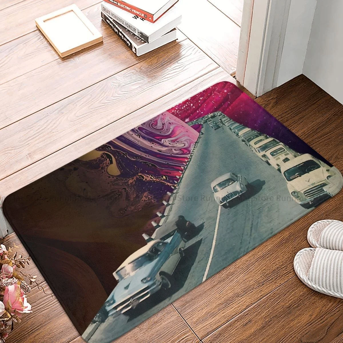 Non-slip Doormat Kitchen Mat Synthwave Space Vintage Retro Collage Futuristic Hallway Carpet Entrance Door Rug Bedroom Decor