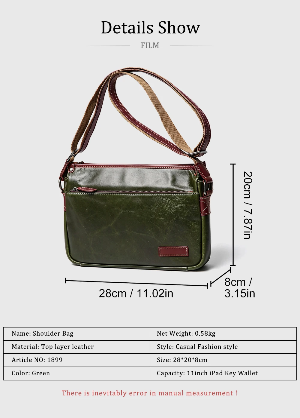 LUOKIR Unisex-Umhängetasche aus Leder, Umhängetasche aus Rindsleder mit Oberschicht, trendige Paarung mit Pendler-Briefträgertasche – Detail 2