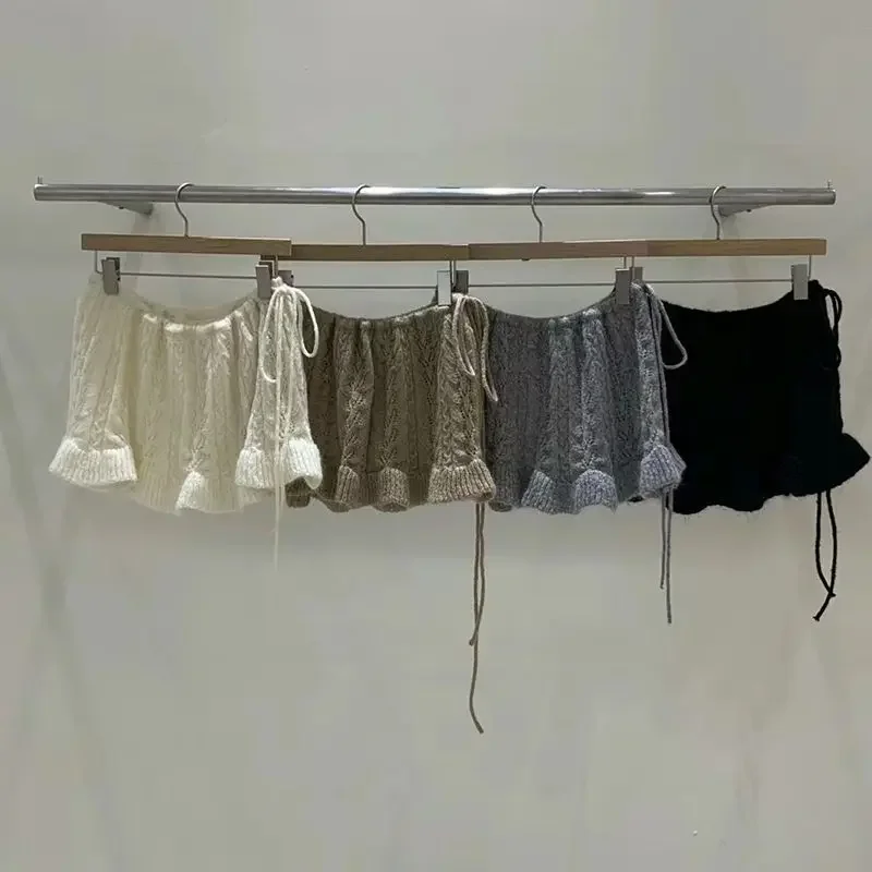 

Vintage Sweet Ruffles Knitted Skirt For Women Y2k High Waist Lace Up White Skirts 2025 New All-match Faldas Sexy Mujer