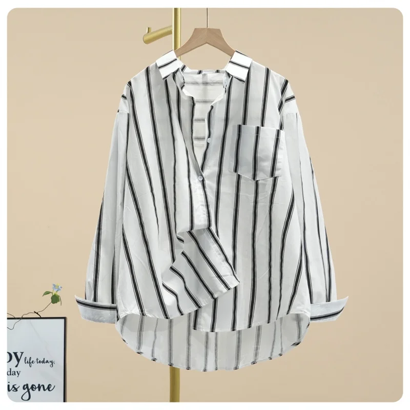 100%Cotton Shirt Women's Blouse Spring Summer Autumn New Long Sleeve Shirt Fashion Versatile Loose Mid-length Stripe Shirt Tops