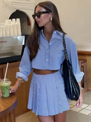 TARUXY Fashion Blue Striped Print Suit For Women Elegant Long Sleeve Button Crop Tops And High Waist Pleated Skirts 2 Pieces Set