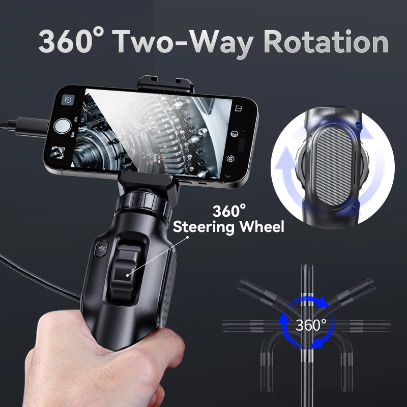 360 °   Boroscópio de articulação bidirecional HD 1080P 8.5mm Câmera endoscópica orientável 8LEDS para inspeção automotiva Carro IOS Android