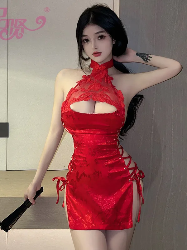 탑 메쉬 레이스 쉬어 섹시한 치파오 속이 빈 레이스 하이 스플릿 분리형 유니폼 탱크 미니 드레스 우아한 패션 2023 Top 69UL