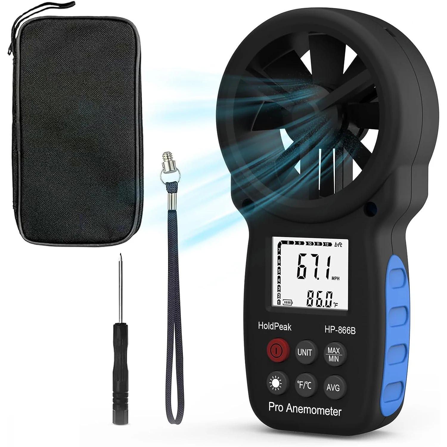 Anemómetro Digital Portátil Holdpeak Hp866b Mede Velocidade do Vento Temperatura e Resfriamento de Vento com Display Retroiluminado