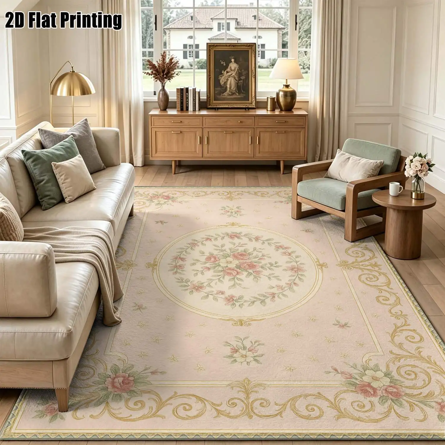 1Pc 2D Printed Pink Flower Pattern European-Style Retro Carpet: Home Decor, Multi-Size, Machine Washable, Ideal for Entryway, Dining Room, Foyer, Bedroom and Living Room