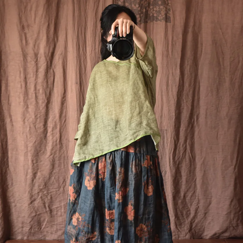 

Женская блузка ручной работы из высококачественного льна с V-образным вырезом, художественный дизайн, оригинальный летний синий полосатый узор, свободный крой