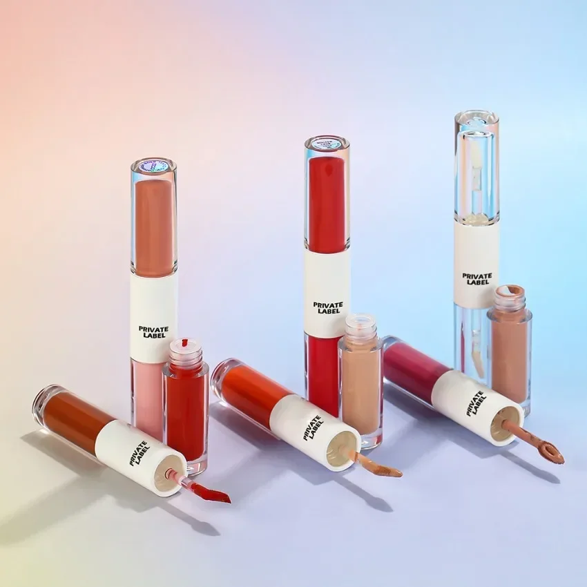 プライベートブランド-ダブルヘッド-リップグロス-カスタムロゴ-防水-保湿-長持ち-マット仕上げ-ロングラスティングメイクアップ-卸売