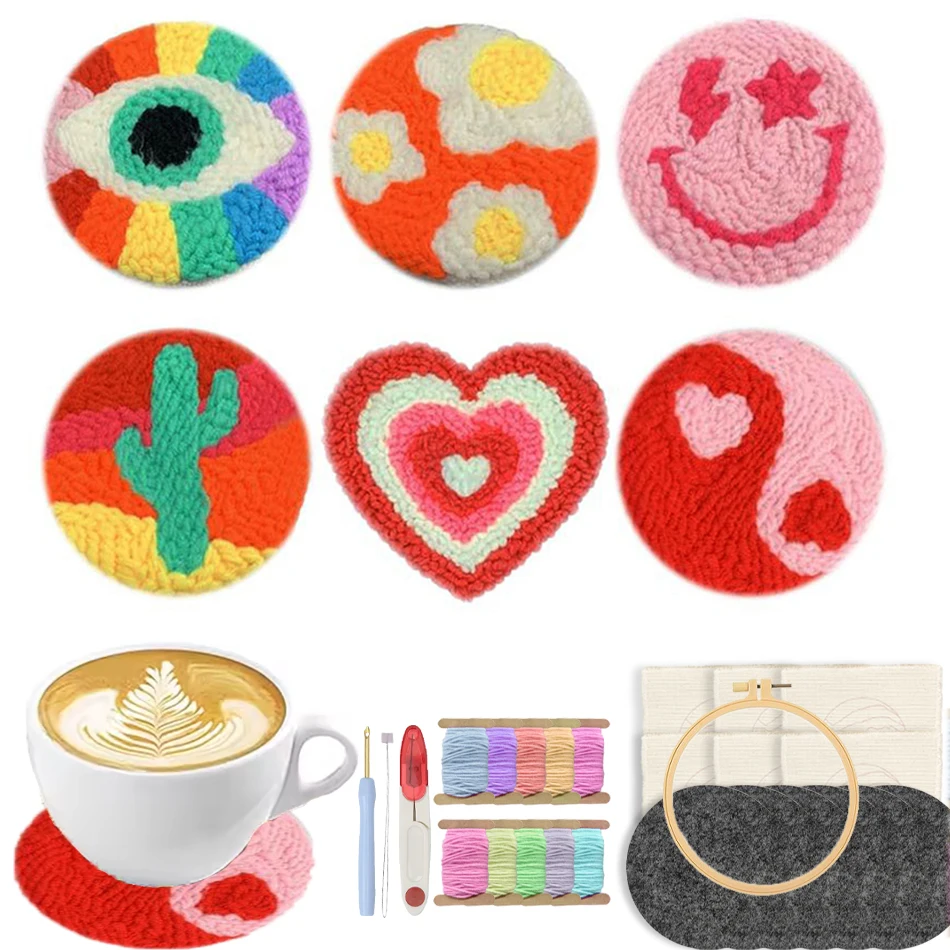 Tapete para tazas, posavasos con aguja perforadora, Kit de bordado para adultos, posavasos con mechones en forma de corazón, tapete para tazas de bebidas, mantel de mesa, decoración, 6 uds.