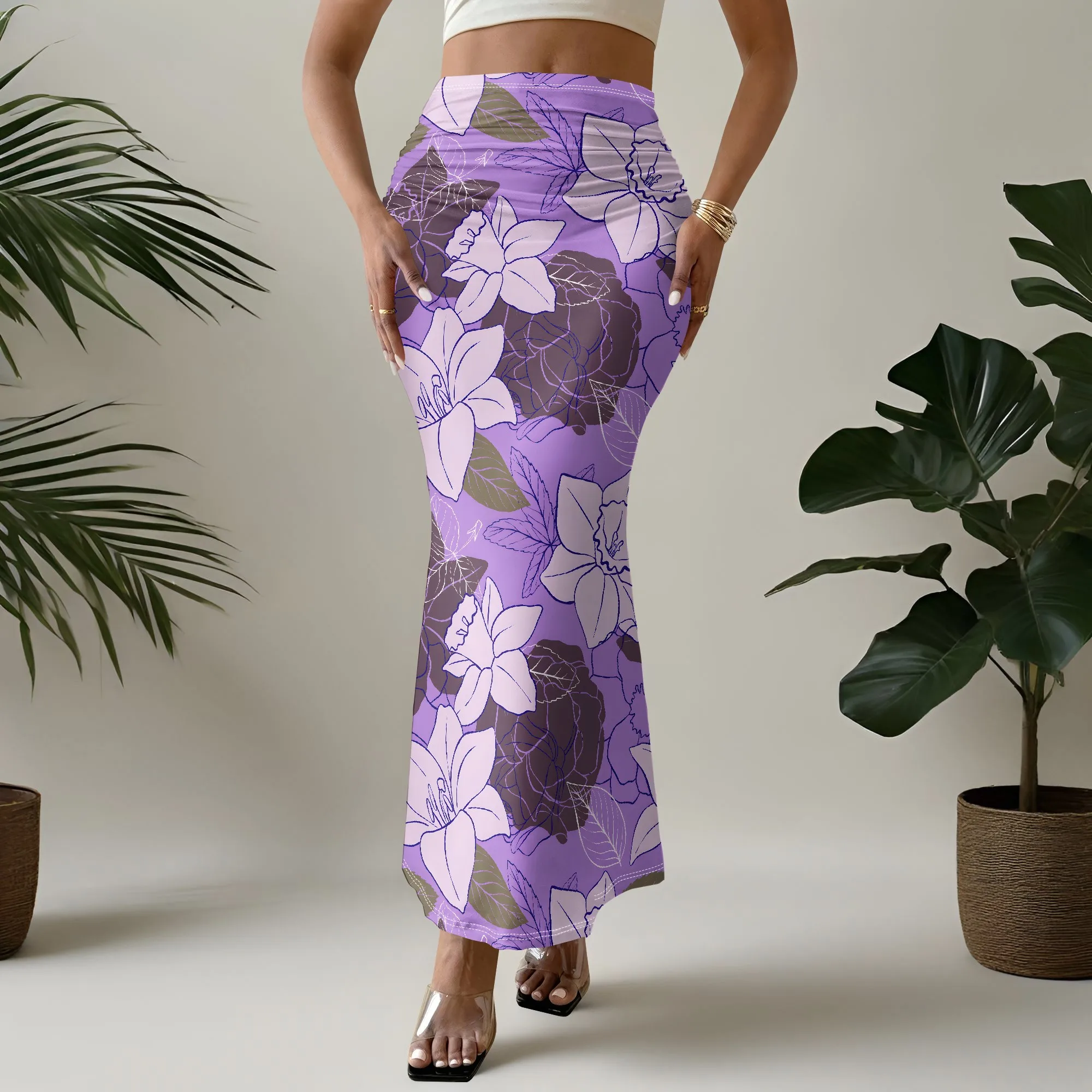 Purple Floral Mermaid Skirt, Elegant Lily Print Bottoms, High Waist Bodycon Midi Dress for Women, S-2XL