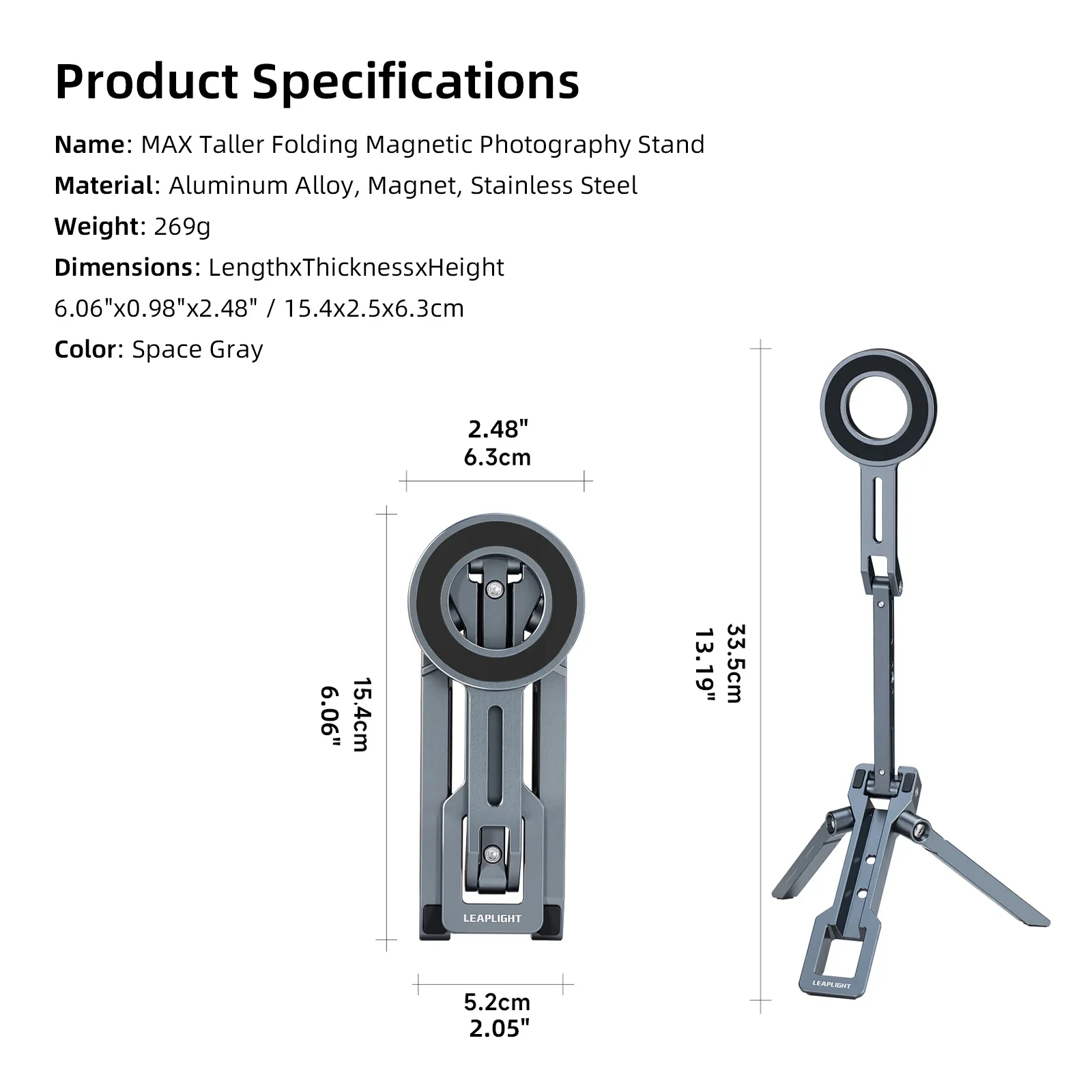 LEAPLIGHT LAM5 Folding Magnetic Phone Tripod Mount Aluminum Phone Holder Stand Overhead Phone Bracket for iPhone Android