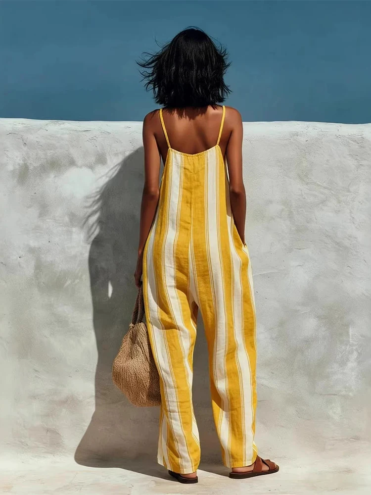 

Striped printed shoulder strap jumpsuit minimalist vacation style fashionable spring and summer new jumpsuit