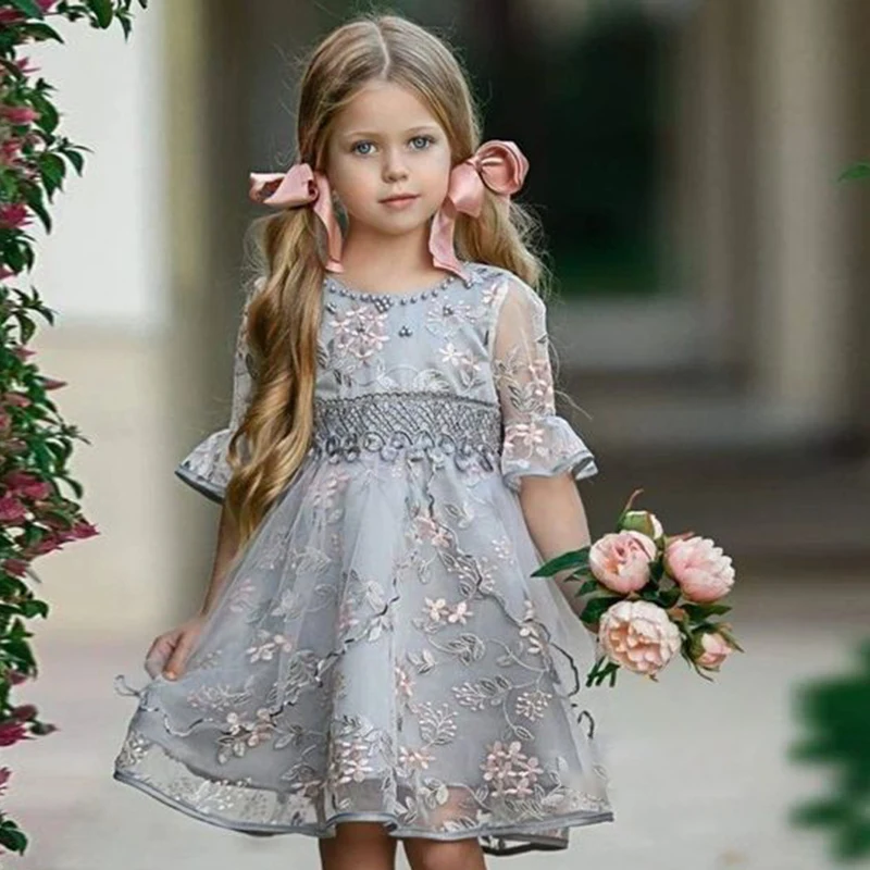 Girl Flower Embroidery Elegant Dress Kids Half Sleeve Birthday Party Clothes Child Formal Christmas Costume Pink Gray Vestido