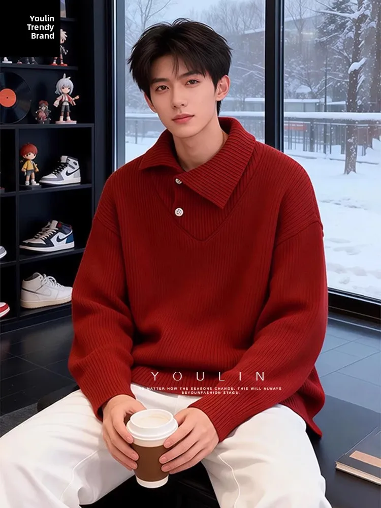 

Мужской вязаный свитер с воротником, цвет красное вино, зимний, в корейском стиле, повседневный, свободный крой...