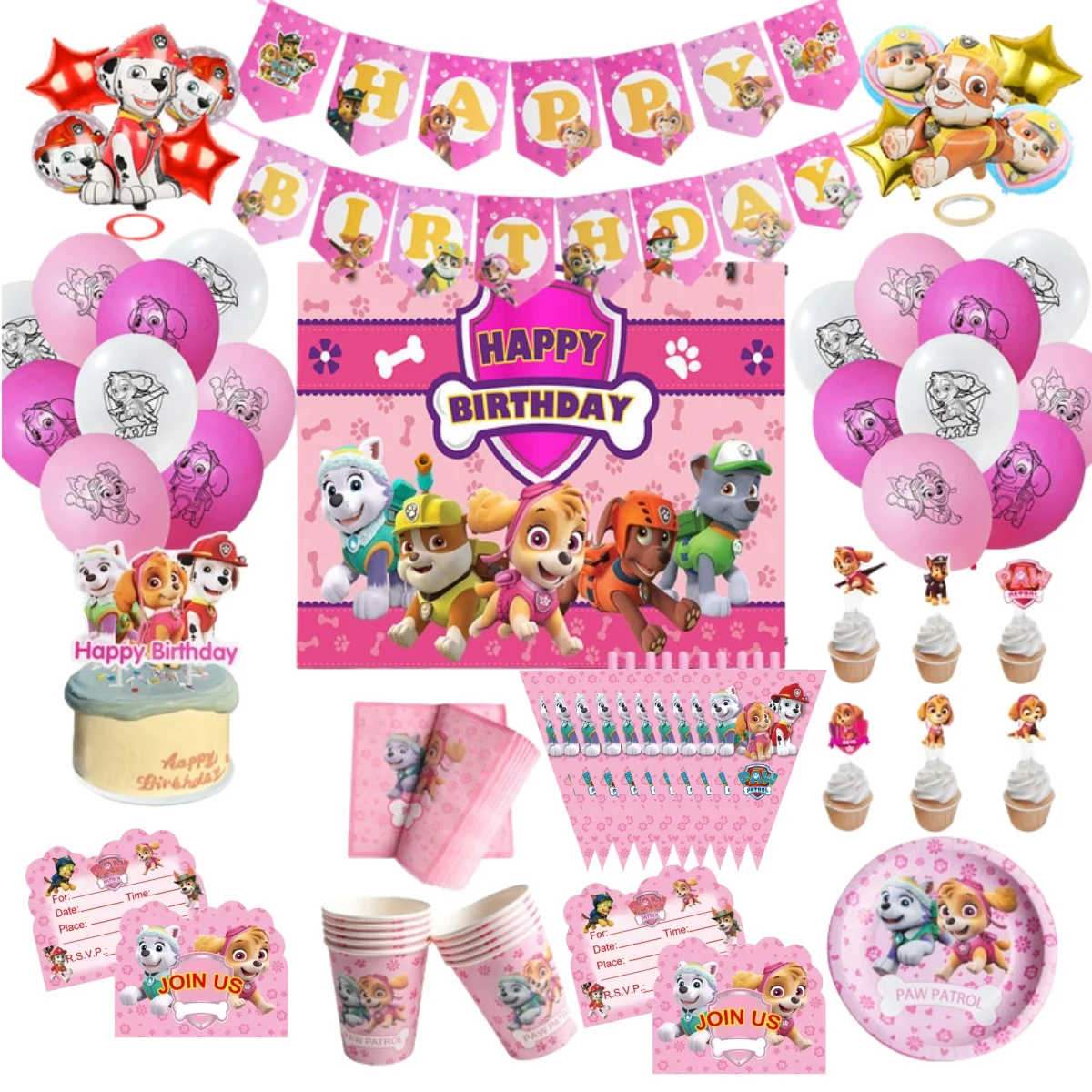 PAW PATROL-suministros rosas para fiesta de cumpleaños, vajilla de papel desechable, decoración de globos, sombrero, cartel de invitación, Baby Shower