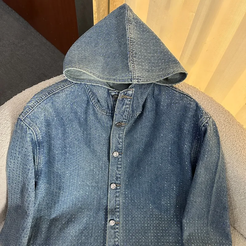 重工業風ラインストーン付きフード付き長袖デニムブラウスジャケットルーズファッション トップス 2025年秋新作ハイエンドシャツ