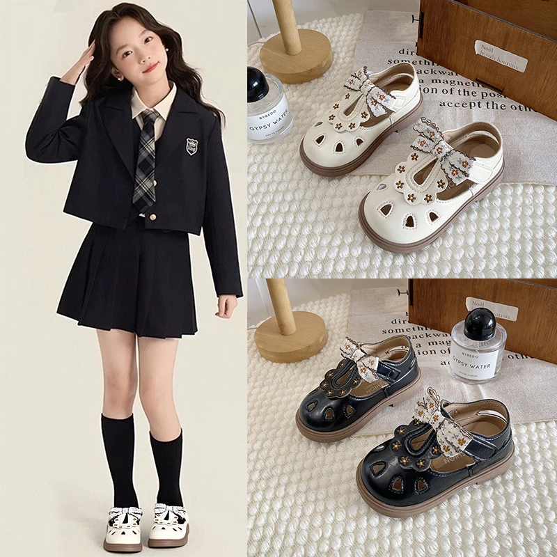 Princess Girls Leather Sandals with Bow 2026 New Summer Toddler Closed-toe Beach Shoes Non-slip Classic Retro School Party Shoes
