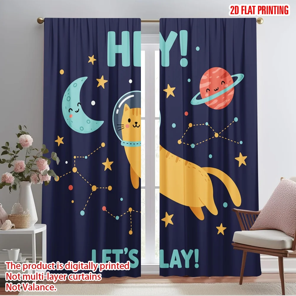 

2pcs 2D flat printing Curtains Cute Space Cat Play Polyester Without Electricity All Season Party & Holiday Decor for Festive