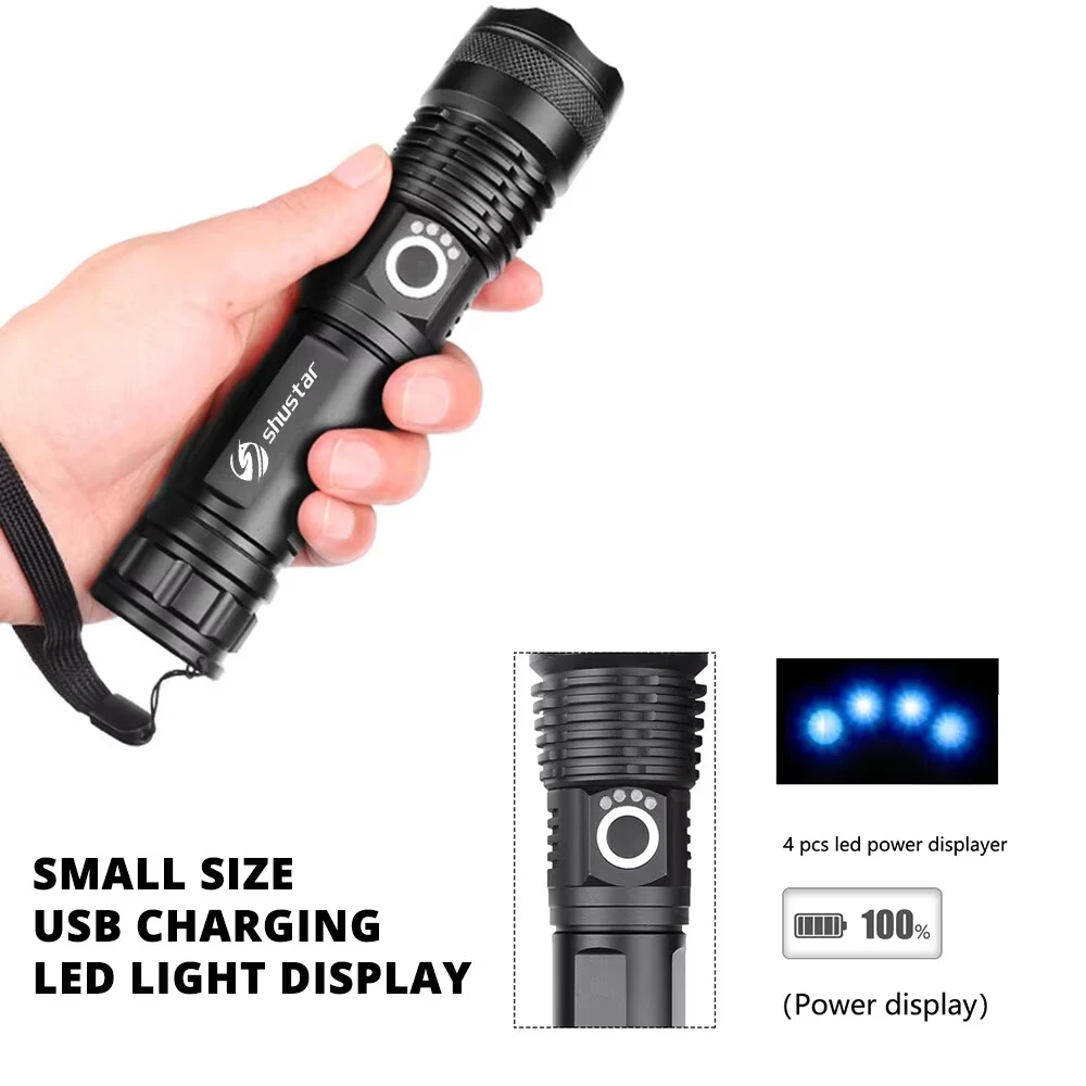 Torcia da campeggio con torcia a LED ad alta potenza con 4 Core P50 lampada con perline Zoomable 5 modalità di illuminazione uso di lega di