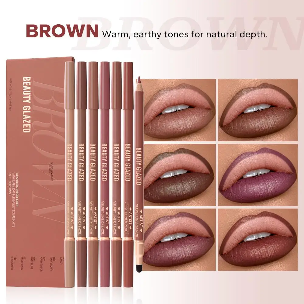 Beauty Glazed 6Pcs Set Double Head Artist Velvet Lipliner Pencil With Sponge brush,Weightless Blendable Texture Matte
