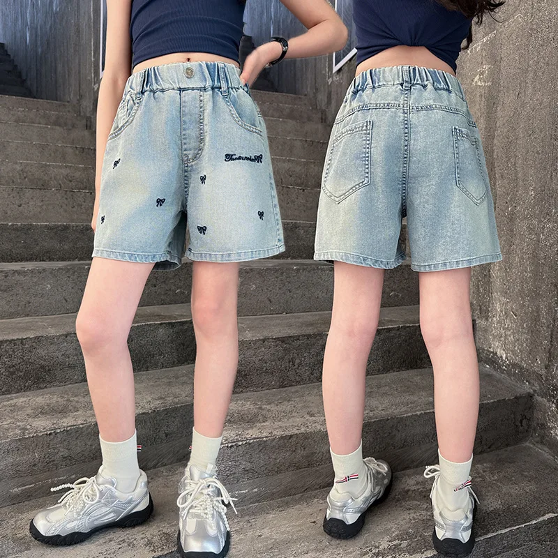 

Children Casual Denim Shorts with Bow For Girls Elegant Above Knee Pants Mini Jeans Kids Teenager Brief Summer Shorts Size 5-14