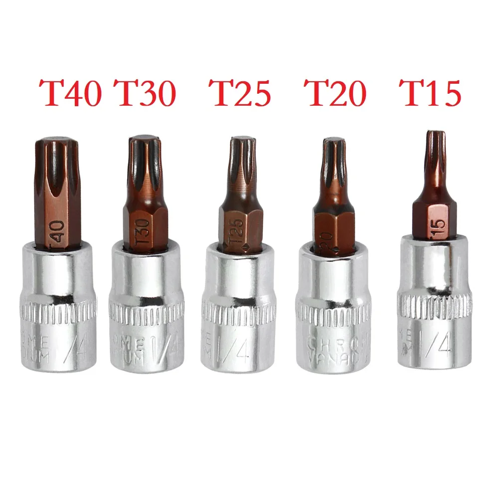 5pcs Socket Wrenches Torx Screwdriver Bits 1/4 Inch Drive Socket Head Tools T15 T20 T25 T30 T40 Socket Bits Hand Tools