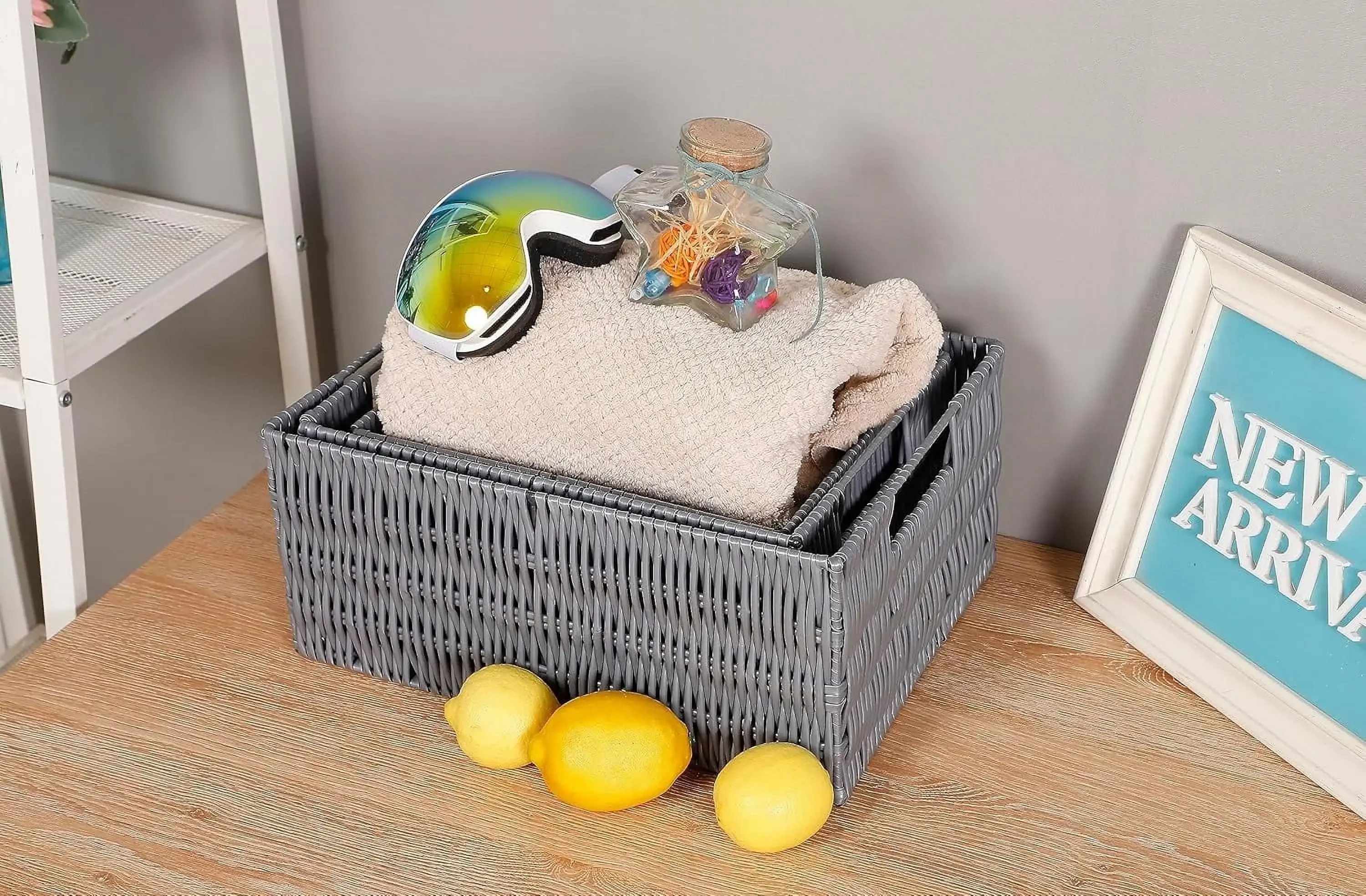 Cesta de armazenamento retangular de vime para rack de armazenamento, rack de armazenamento, rack de acabamento, rack de armazenamento tecido à prova d'água, cinza, pacote com 3.