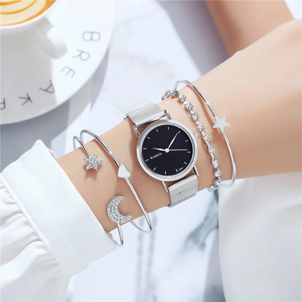 5pieces/set Trendy Silver Mesh Steel Quartz Women Wrist Watch