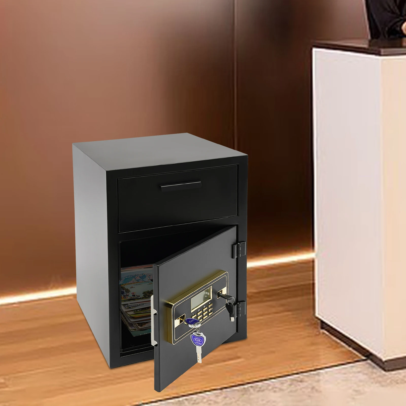 Modern Security Safe with Anti-Theft Lock, Alarm System, Steel Build, Drop Box for Business and Home Security