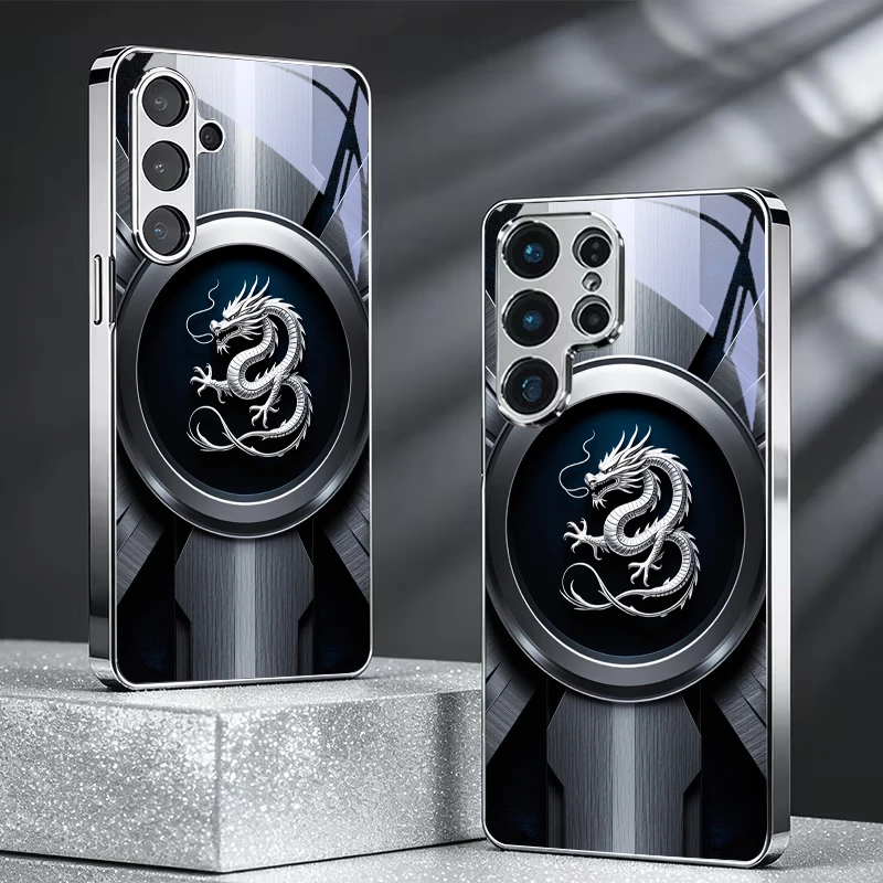 Metal Chinese Dragon Crest Electroplated Silver Phone Case For Samsung A31 A22 A32 A42 A52 A72 A13 A36 A56 A07 A17 A37 57 Cover
