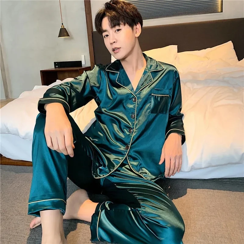 Solid Color Sleepwear Silk Pajamas Set Summer Pajamas for Men Casual Homewear Suit Sleepwear Pyjamas Pijama Men Loungewear