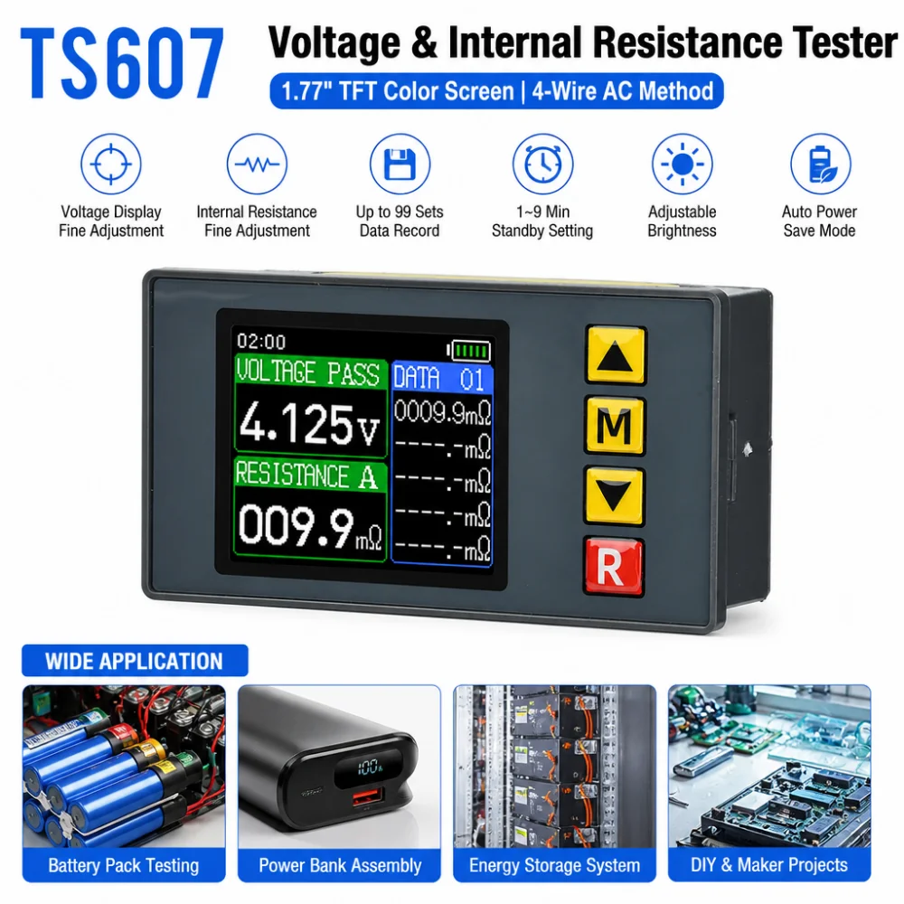 Testeur de tension et de résistance TS607 DC 5V avec écran LCD couleur TFT de 1,77 pouce, méthode AC 4 fils, capable de stocker 99 jeux de données